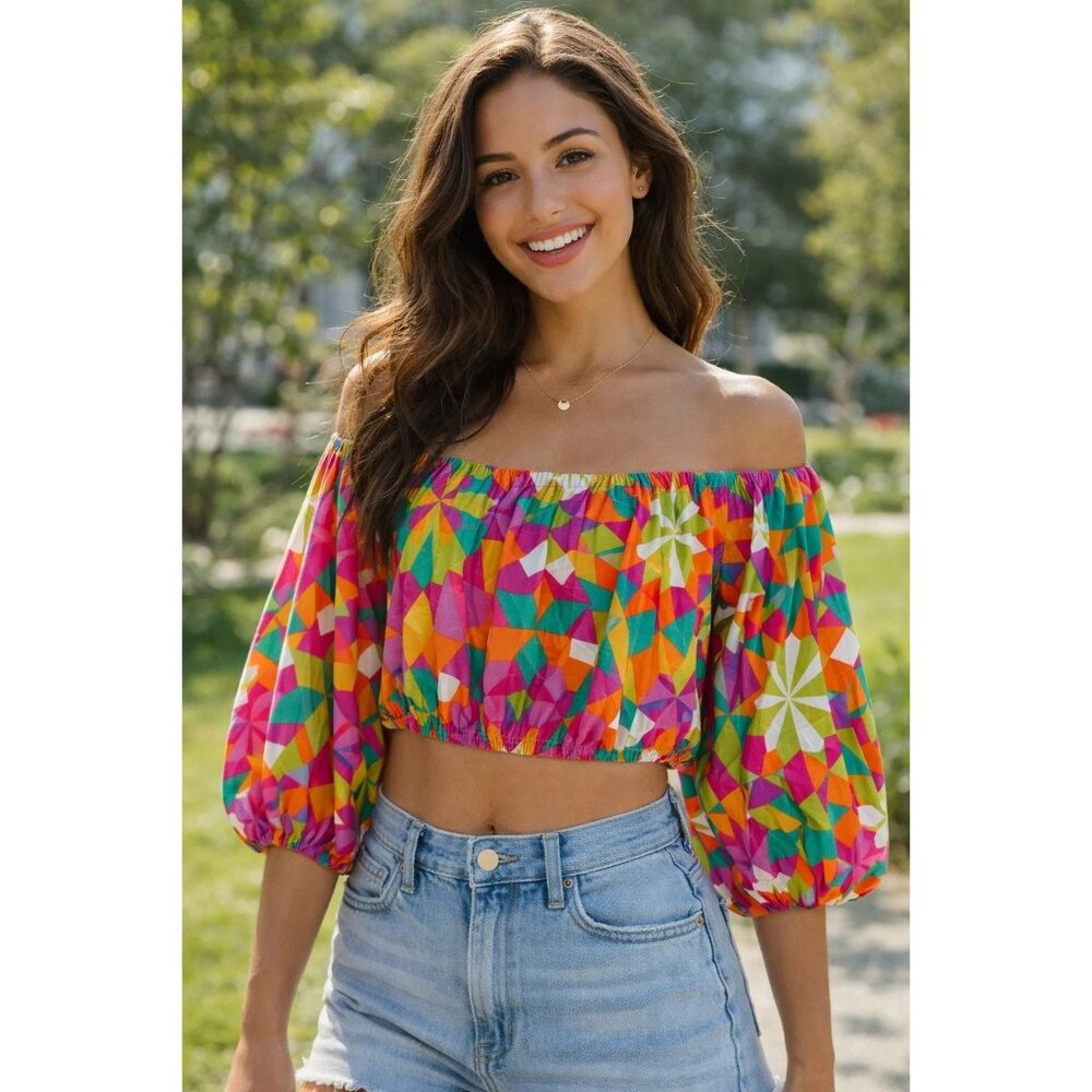 Flying Tomato Women's Crop Top Bright Color block Pattern size Medium